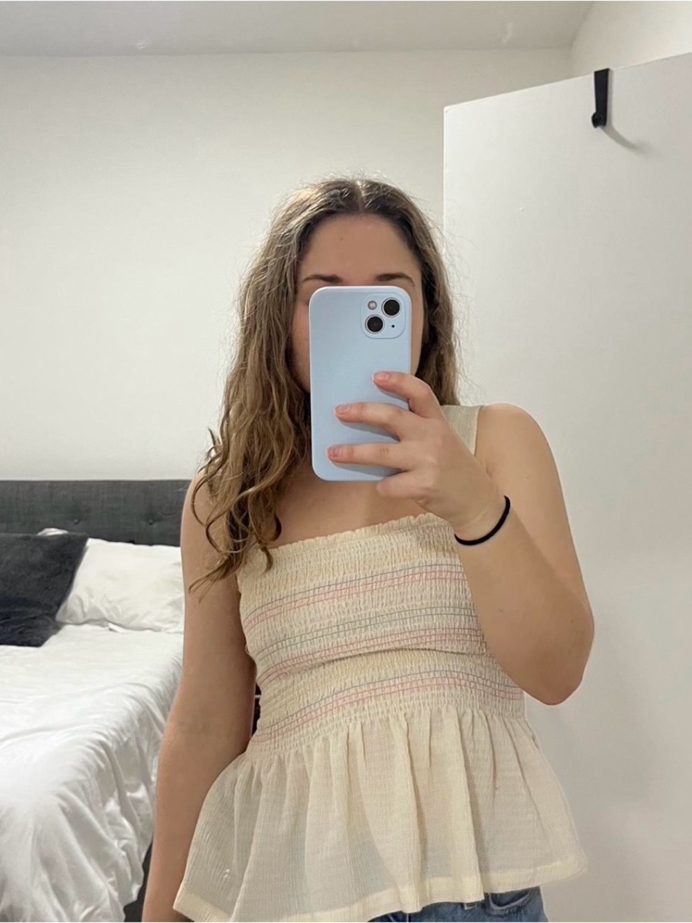Madewell Cream Smocked Tank with Rainbow Stitching